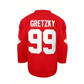 Men's Red #99 Maple Ice Hockey Sweatshirt - Breathable Loose Fit V-Neck with Gretzky Embroidered Design & Canadian Maple Leaf, Sporty Casual Streetwear for All Seasons, Machine Washable, Seasonal Attire, Embroidered Detailing