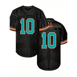 Men's Black #10 Embroidered Rugby Shirt - Breathable Loose Fit V-Neck Jersey Top with Teal & Orange Accents for Casual, Sports & Outdoor Activities - All-Season Machine Washable, Casual Streetwear, Sporty Aesthetic, Comfortable Fit