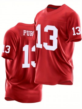 1pc Men'S Red #13 Embroidered Polyester Rugby Top, V-Neck Sports Jacket with Slight Stretch, Breathable Loose Fit for Casual, Outdoor, Hiking & Team Sports - Four Seasons Knit Fabric Shirt