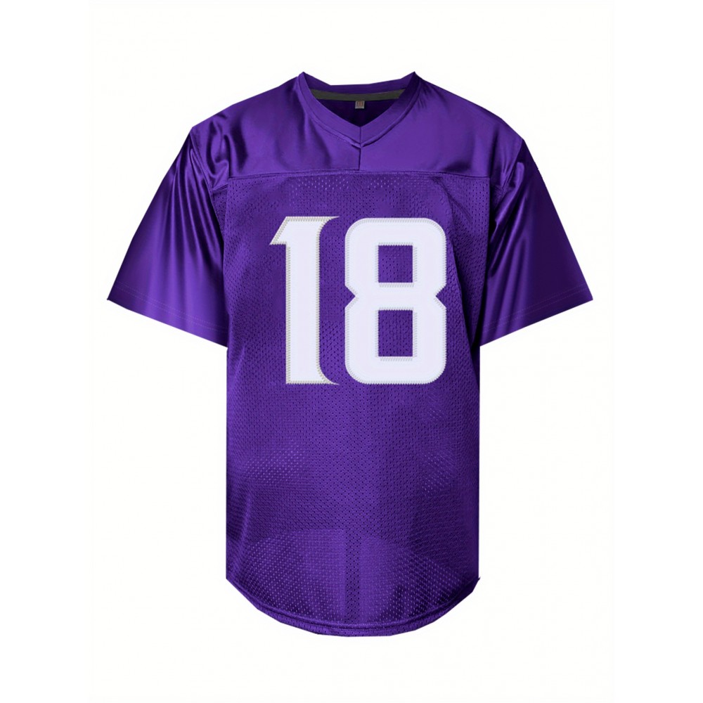 Men's Purple #18 Embroidered American Football Jersey - Breathable Loose Fit V-Neck Rugby Top for Sports, Casual Streetwear & Outdoor Activities | All-Season Machine Washable Shirt, Customizable Football Jersey, Quality Embroidered Detailing