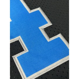 Men's Black #14 Embroidered American Football Jersey - Loose Fit Breathable V-Neck Rugby Top with Blue & White Stripes, All-Season Casual Streetwear for Sports & Outdoor Activities, Athletic Leisure Wear