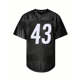 Men'S Black # 43 Breathable Rugby Jersey, Sports V-Neck Short Sleeved Uniform for Training And Matches, Embroidered American Football Shirt