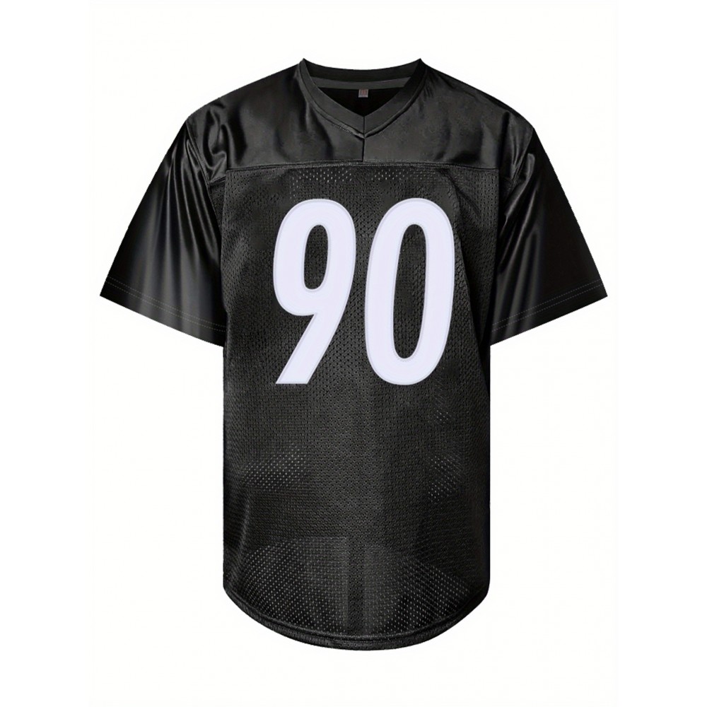 Men'S Black # 90 Breathable Rugby Jersey, Sports V-Neck Short Sleeved Uniform for Training And Matches, Embroidered American Football Shirt