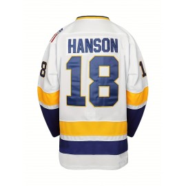 Men's White #18 Ice Hockey Jersey - Loose Fit Breathable Embroidered CHIEFS & HANSON 18 Design, V-Neck Long Sleeve for Team Sports, Casual Streetwear & All-Season Wear, Sports Fan Apparel | Durable Sportswear
