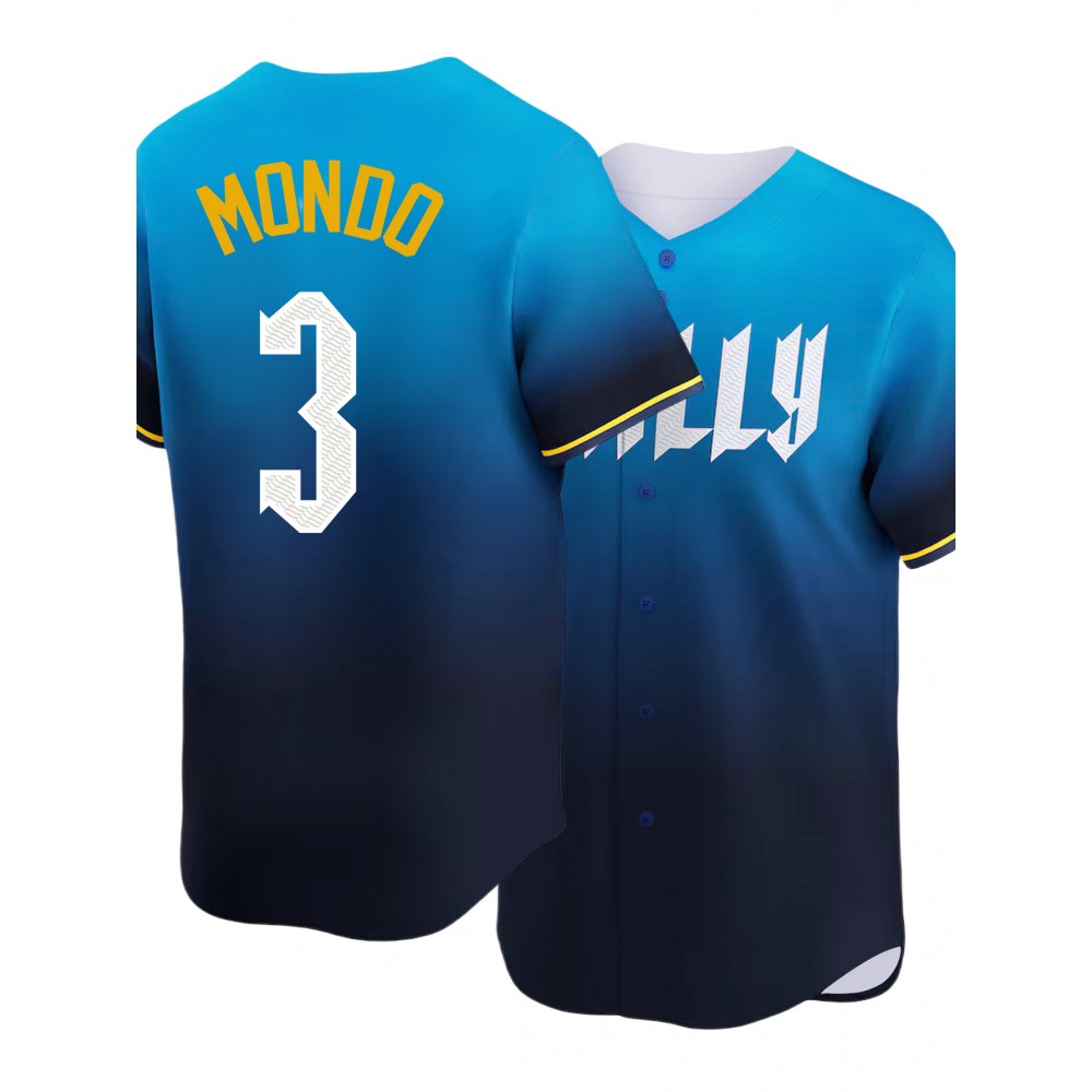 Men's Blue Black Gradient #3 Baseball Shirt - Loose Fit V-Neck Breathable Streetwear with Embroidered Lettering, All-Season Casual Sports Top for Outdoor Activities & Beach Parties, Summer Sports Apparel, Sporty Design, Durable Sportswear