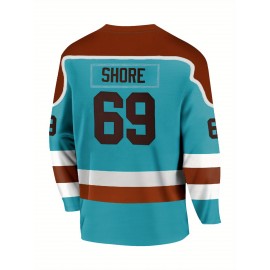 Moon Orchid Men's #69 Ice Hockey Sweatshirt - Loose Fit Breathable V-Neck with Embroidered Logo & SHORE Back Design, Teal & Brown Colorblock for Sports, Casual Streetwear & Outdoor Activities, Sports Fan Apparel, Durable Sportswear