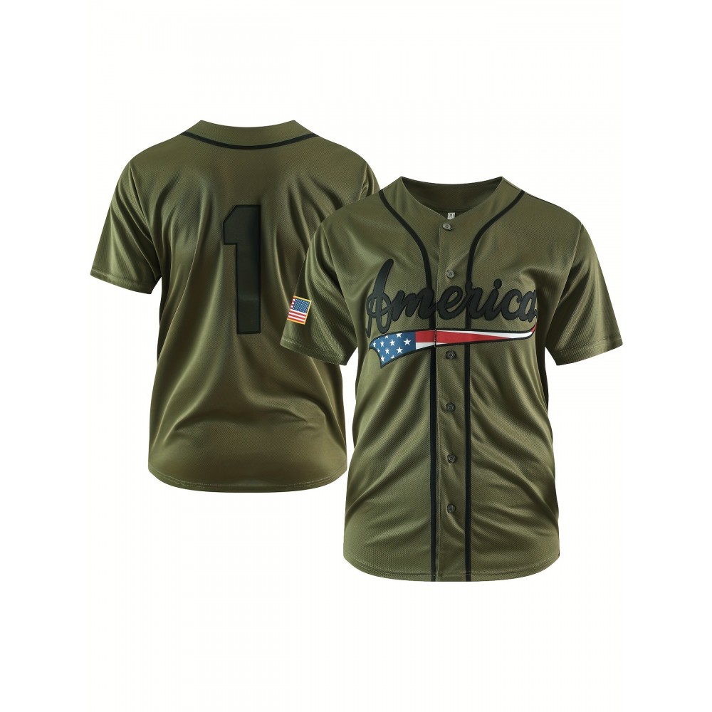 Men's #1 Army Green Baseball Jersey, Breathable Polyester, V-Neck with Button-Up Closure - Sporty & Casual Style for Everyday, Parties, Training & Streetwear