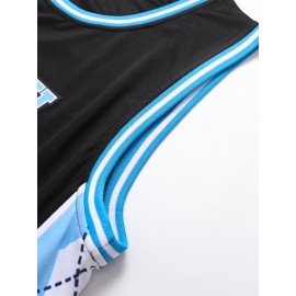 Men'S Blue Black Spliced Diamond Grid Basketball Top # 23 Classic Retro Embroidered Letter Sleeveless Sweat wicking Breathable Tank Top Basketball Suit