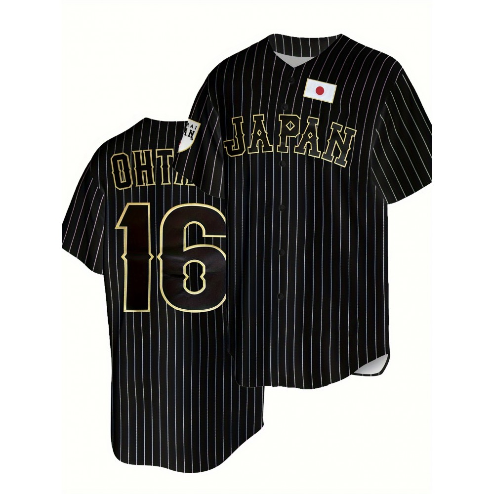 Men'S Black Striped Size 16 # Baseball Shirt, Classic Letter Embroidery Design, Button Style Short Sleeved Breathable Shirt, For Training And Competition Use
