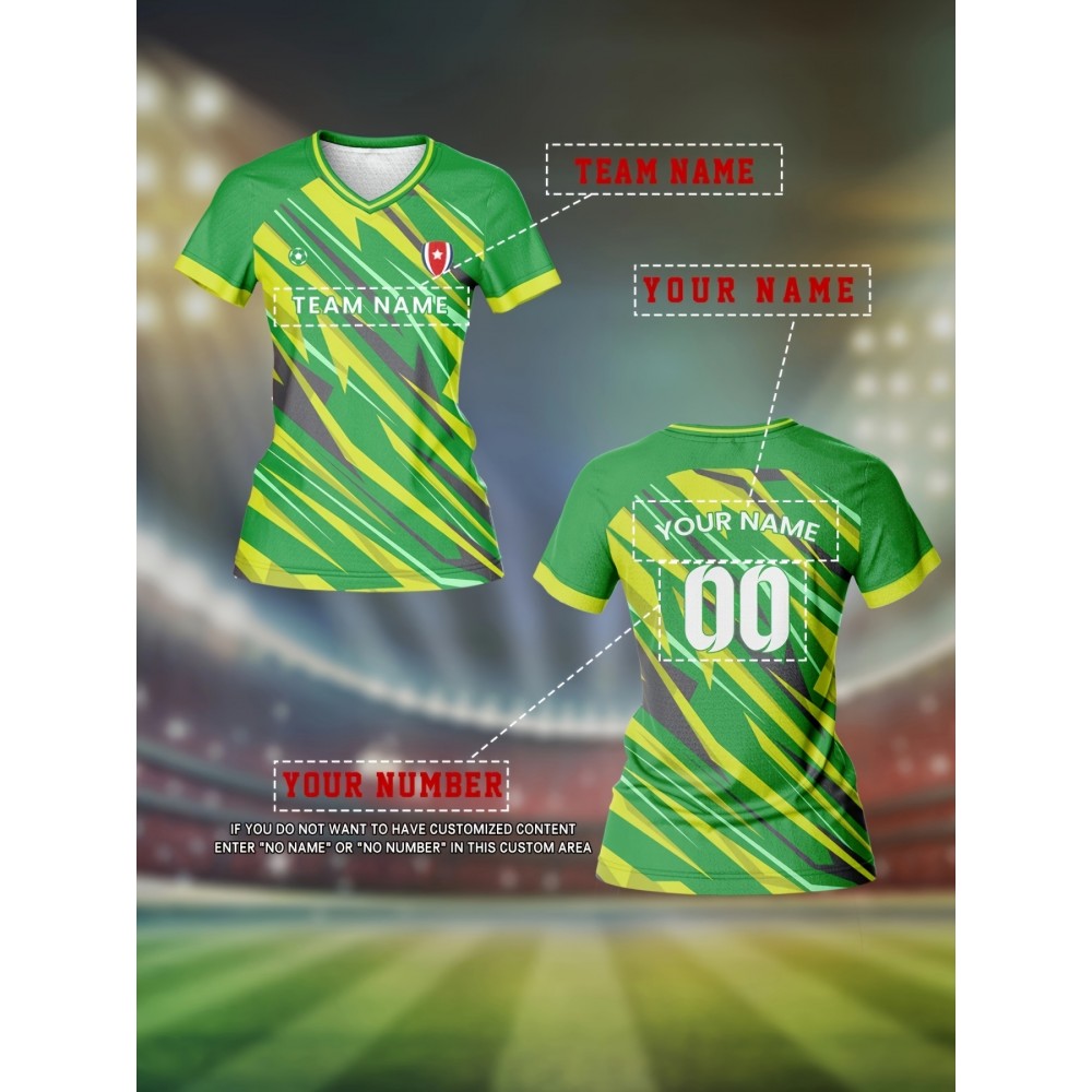 Customizable Women's V-Neck Soccer Jersey - Green & Yellow Striped Design, Personalized Name & Number, Breathable Polyester for Team Sports, Fitness, and Casual Wear