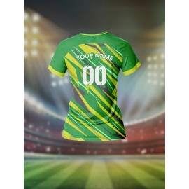 Customizable Women's V-Neck Soccer Jersey - Green & Yellow Striped Design, Personalized Name & Number, Breathable Polyester for Team Sports, Fitness, and Casual Wear
