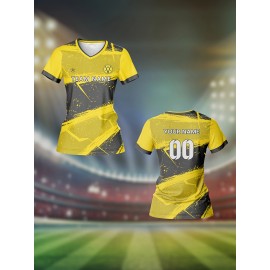 Customized Women'S V-Neck Soccer Jersey with Name & Number - Team Specific Training & Fitness Shirt, Comfortable, Breathable, Quick-Dry for Casual Wear, Yellow & Black Design, Spring/Summer/Fall