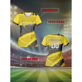 Customized Women'S V-Neck Soccer Jersey with Name & Number - Team Specific Training & Fitness Shirt, Comfortable, Breathable, Quick-Dry for Casual Wear, Yellow & Black Design, Spring/Summer/Fall