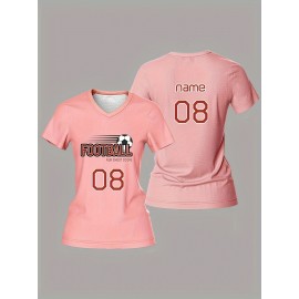 Customized Women's V-Neck Football Shirt - Personal Name & Number, Pink, Breathable Polyester, Quick-Dry Sports Top for Team Training & Casual Wear