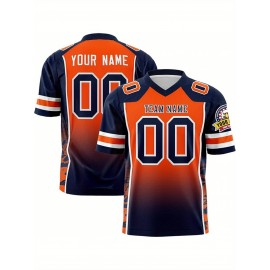 Customizable Plus Size Football Jersey - Personalized Name & Number, V-Neck, Loose Fit, Navy Blue with White & Orange Accents, Summer Sports Shirt for Men & Women, Football Jersey, Casual Sportswear, Sporty Design, Comfortable Fit