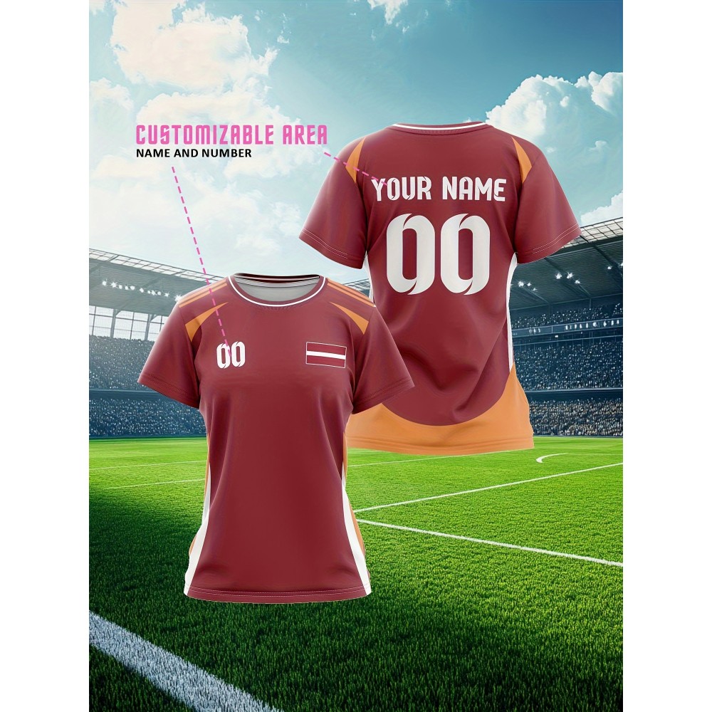 Customizable Women'S Plus Size Football Jersey - Personalized Name & Number, Maroon & Orange Soccer Training Shirt with White Accents, Breathable Summer Sportswear for Casual & Team Activities, Soccer Accessories, Durable Fabric