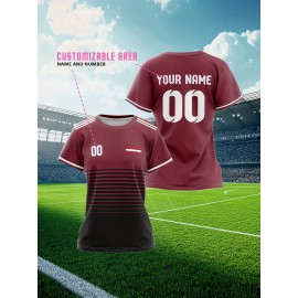 Customizable Women'S Plus Size Football Jersey - Personalized Name & Number, Maroon & Orange Soccer Training Shirt with White Accents, Breathable Summer Sportswear for Casual & Team Activities, Soccer Accessories, Durable Fabric